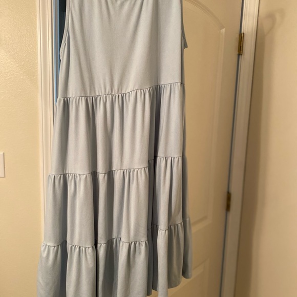 Light Blue Soft Knit Pleated Tiered Sleeveless Maternity Dress - Picture 2 of 3